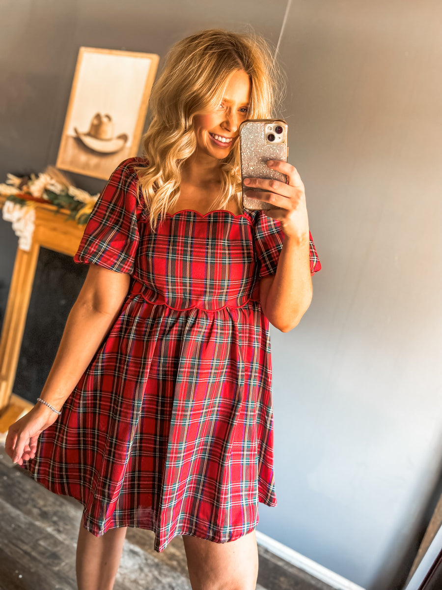 Scalloped plaid holiday dress