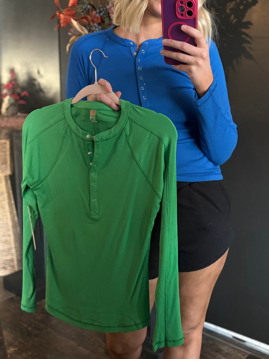 W82 Ribbed Henley Top - Green Pop