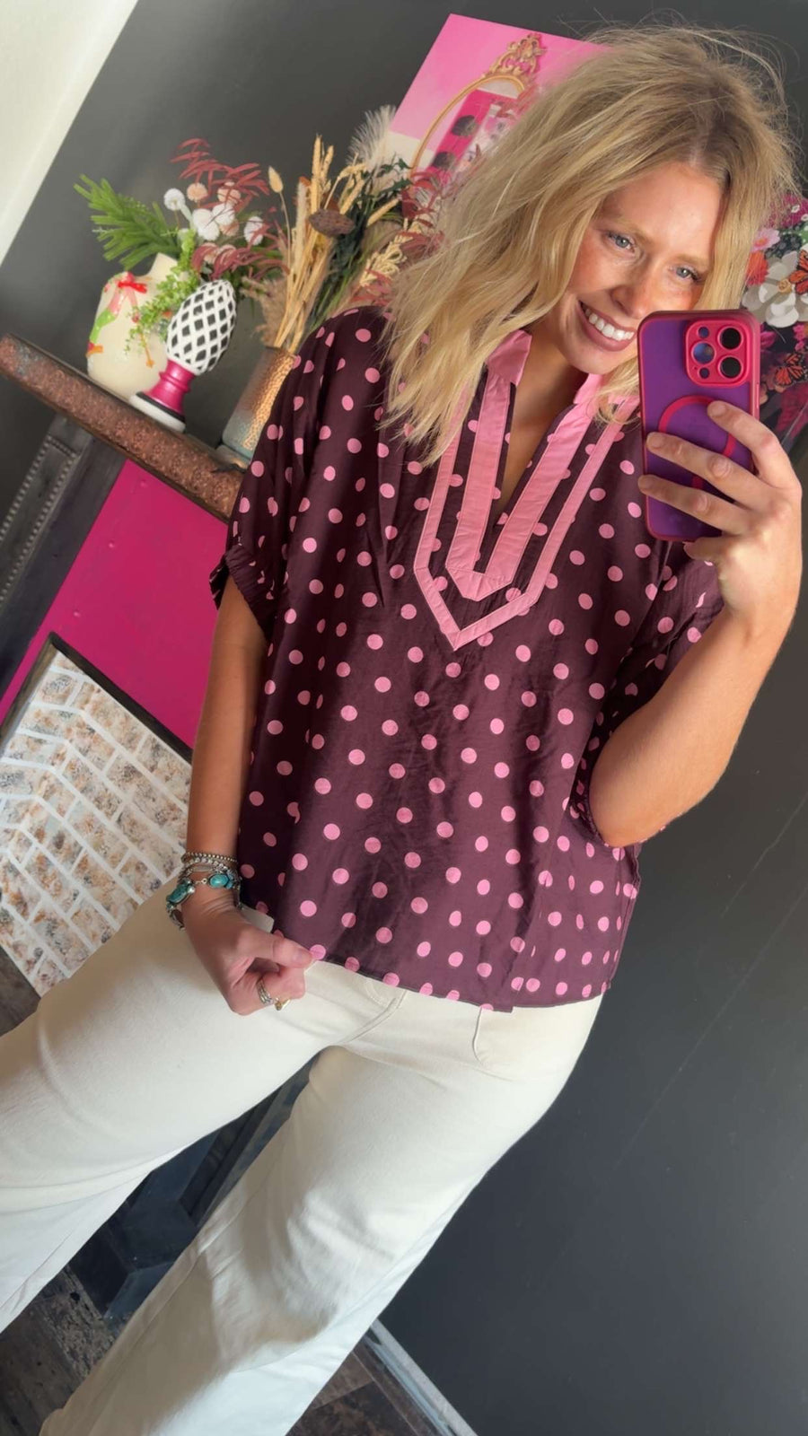 W983 Dark Plum w/ Pink Polka Dot V-Neck Top