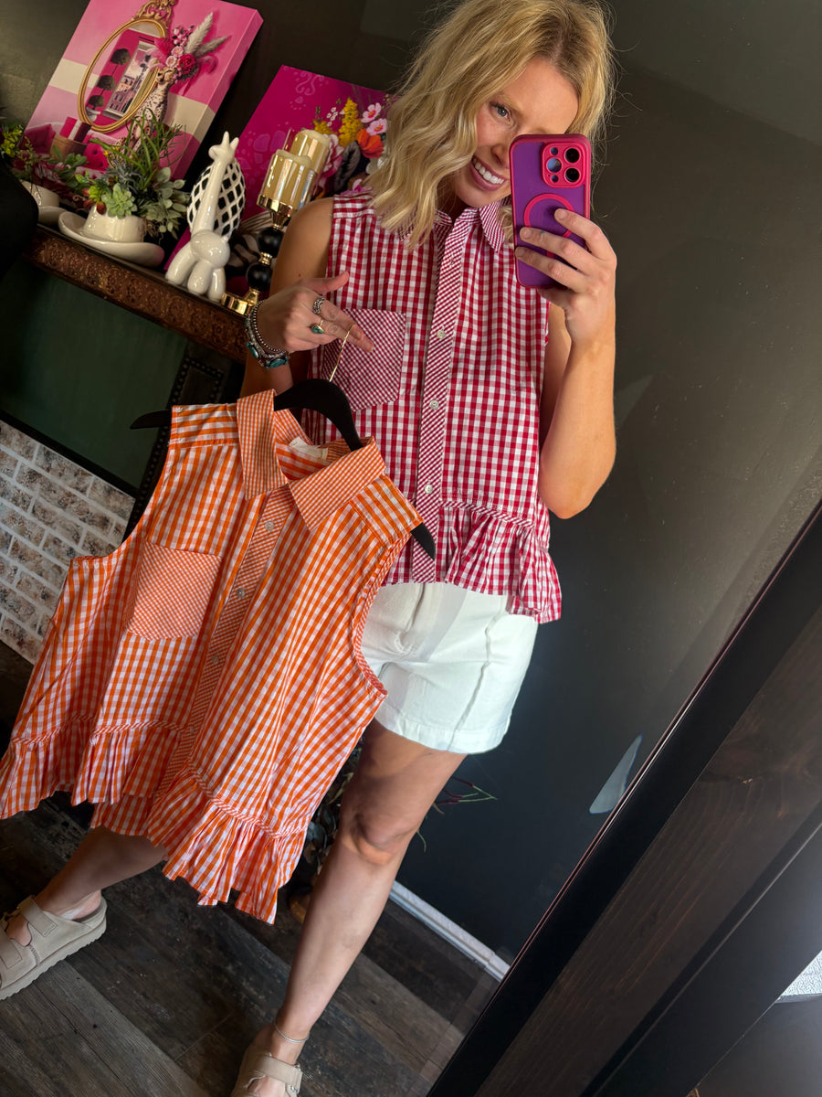 W124 Orange Plaid Sleeveless Shirt