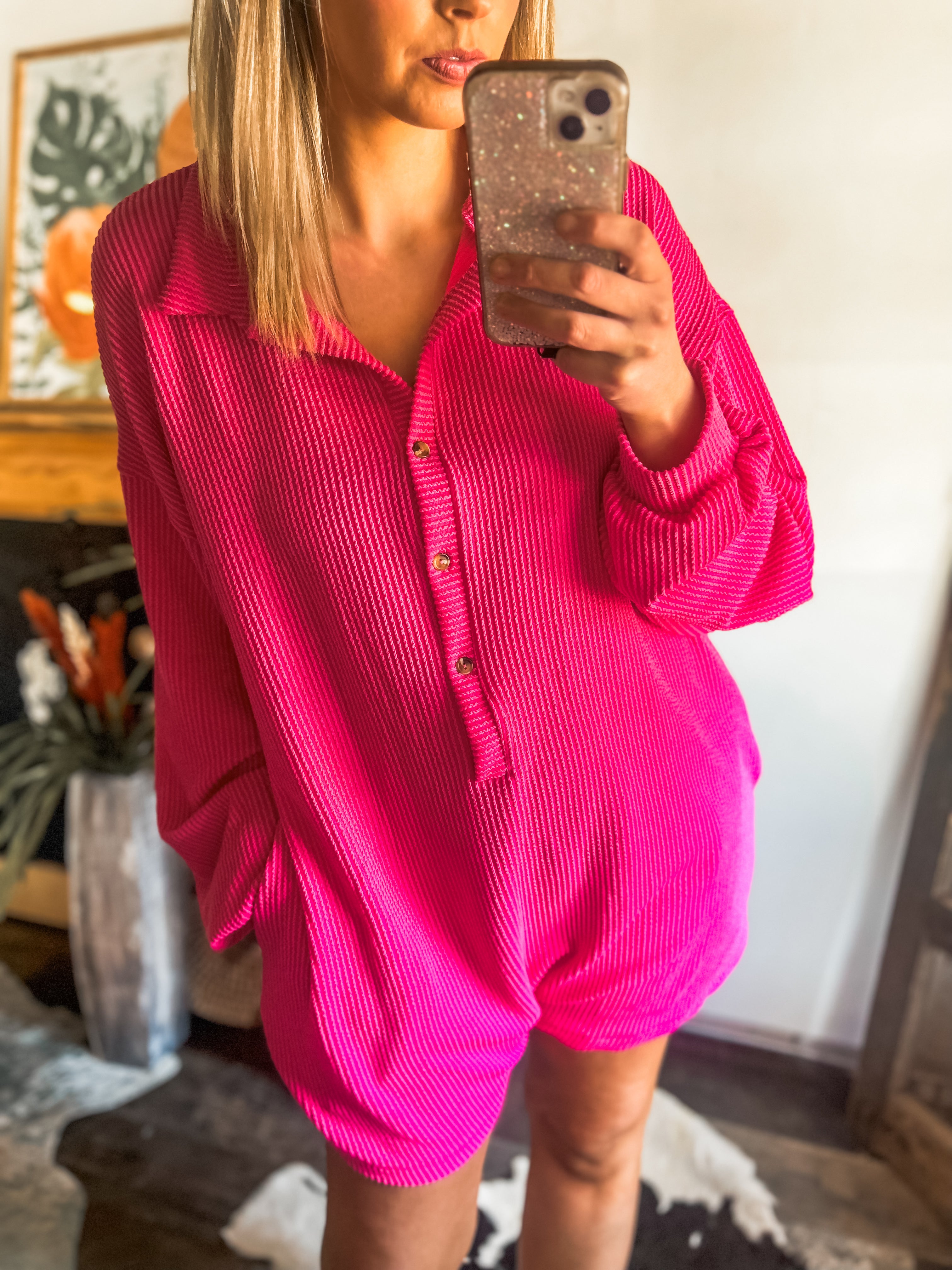 Ribbed hot pink romper