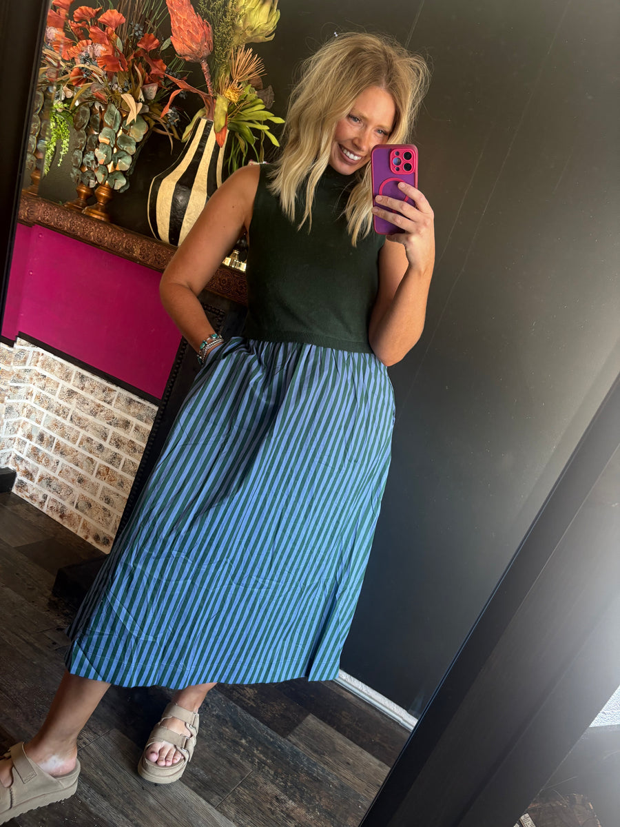 W237 Dark Green w/ Blue Striped Maxi Dress
