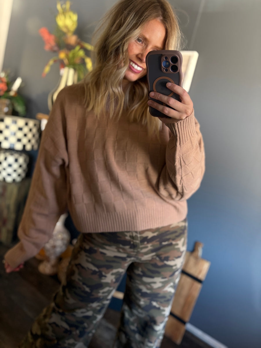 W188 Dark Taupe Checkered  Long Sleeve Sweater