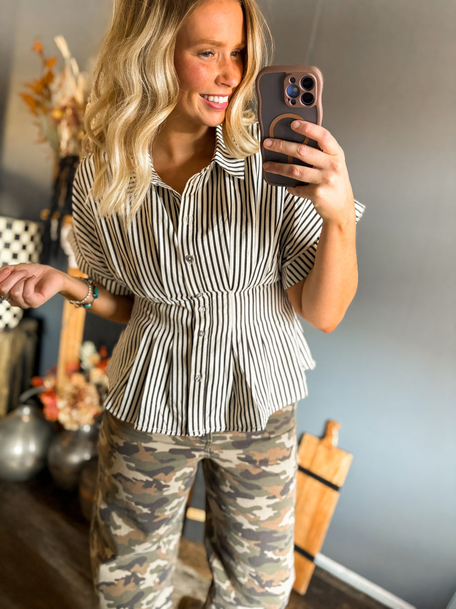 W146 Black Stripped Flared Button Up