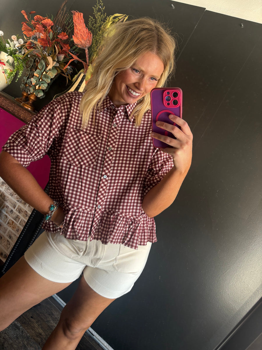 W988 Maroon Checkered Ruffle Top