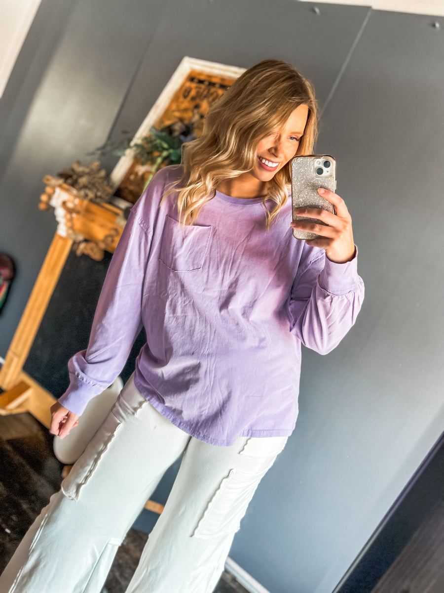 Oversized raw hem purple long sleeve with pocket