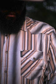 M3112 Blue and Tan Striped Button Up