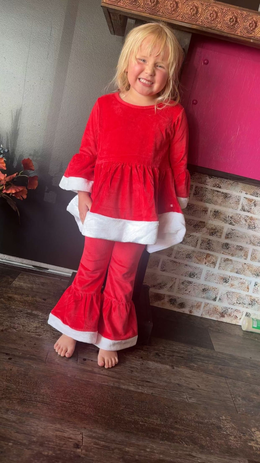Red Velour High Low Ruffle Tunic & Flare Pant Set