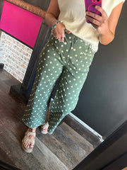 W367 Olive w/ White Polka Dots Pants