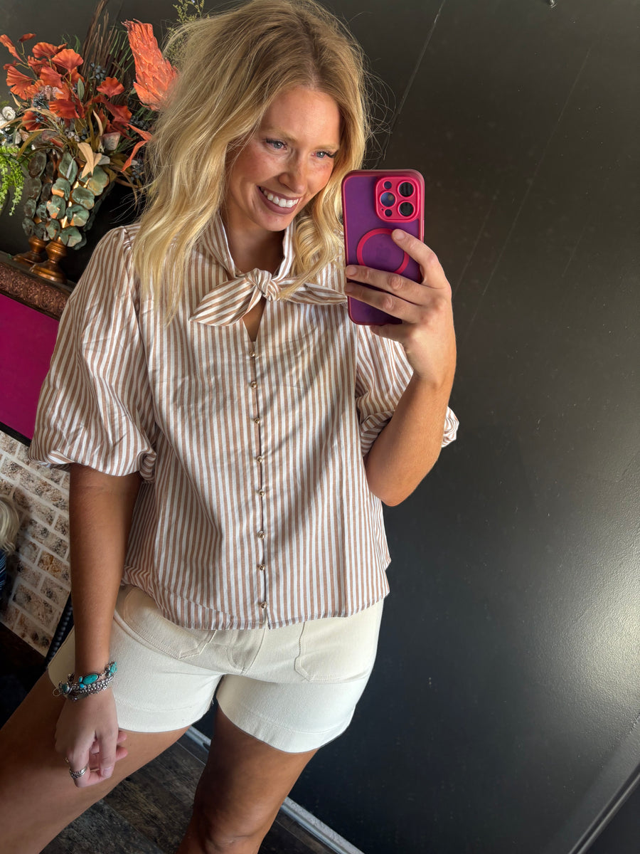 W374 Tan Striped Button Up Top