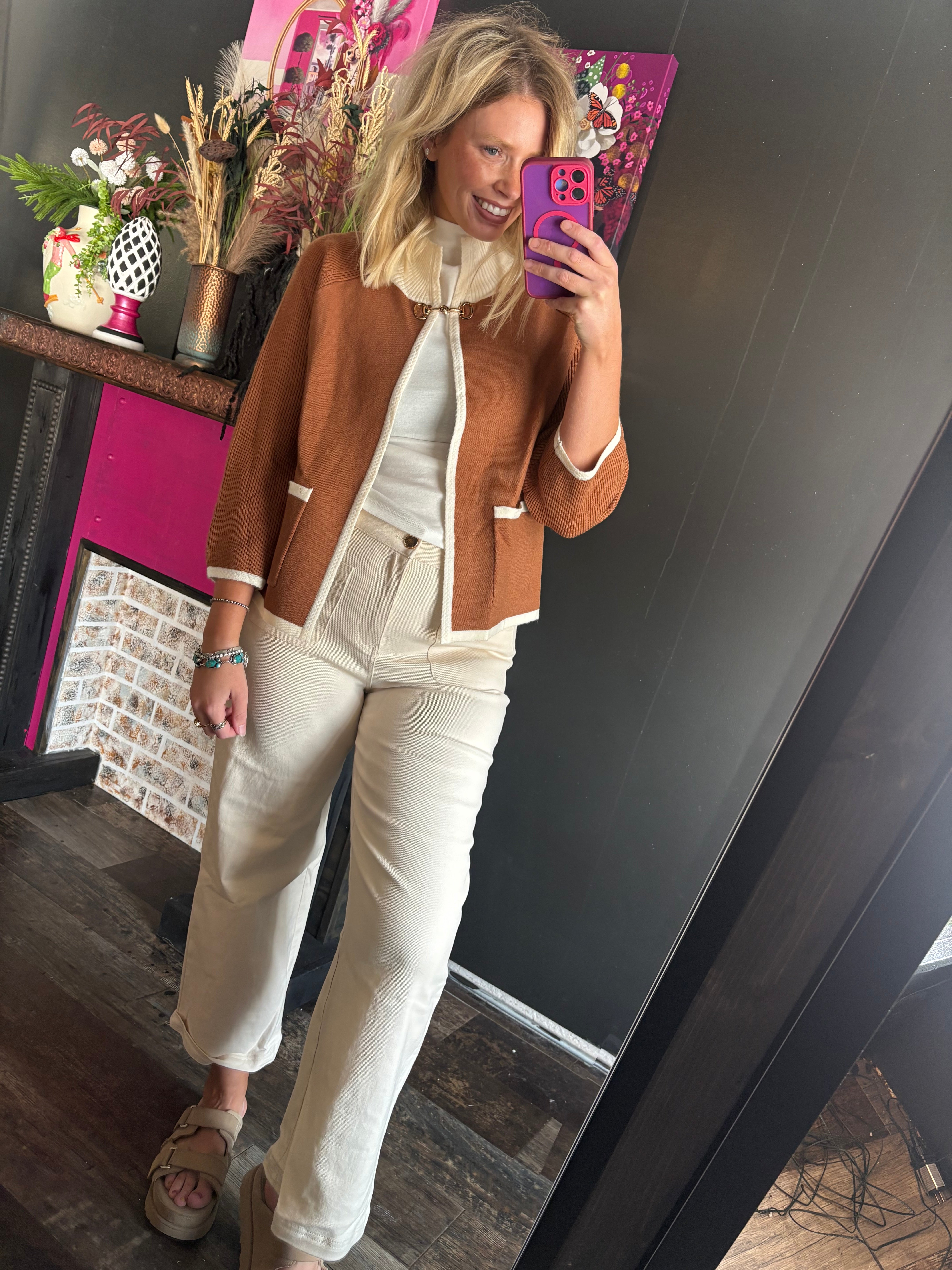 W394 Brown w/ White Cardigan