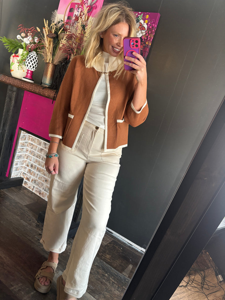 W394 Brown w/ White Cardigan