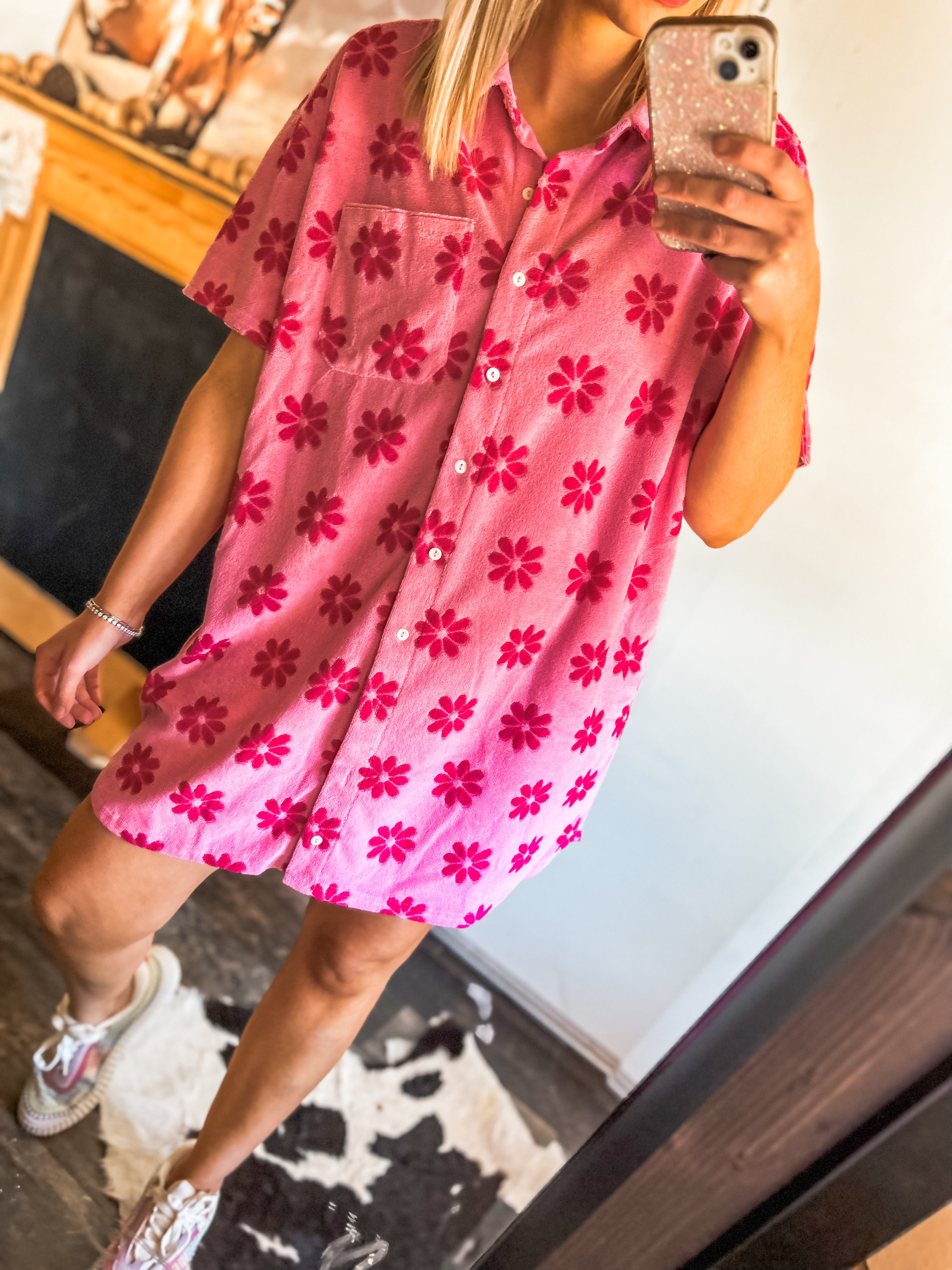 Terry cloth pink floral dress