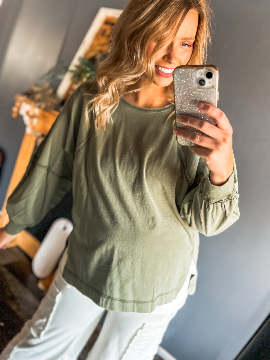 Oversized raw hem green long sleeve