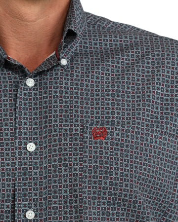 M137 Dark Blue Print Button-Up Long-Sleeve