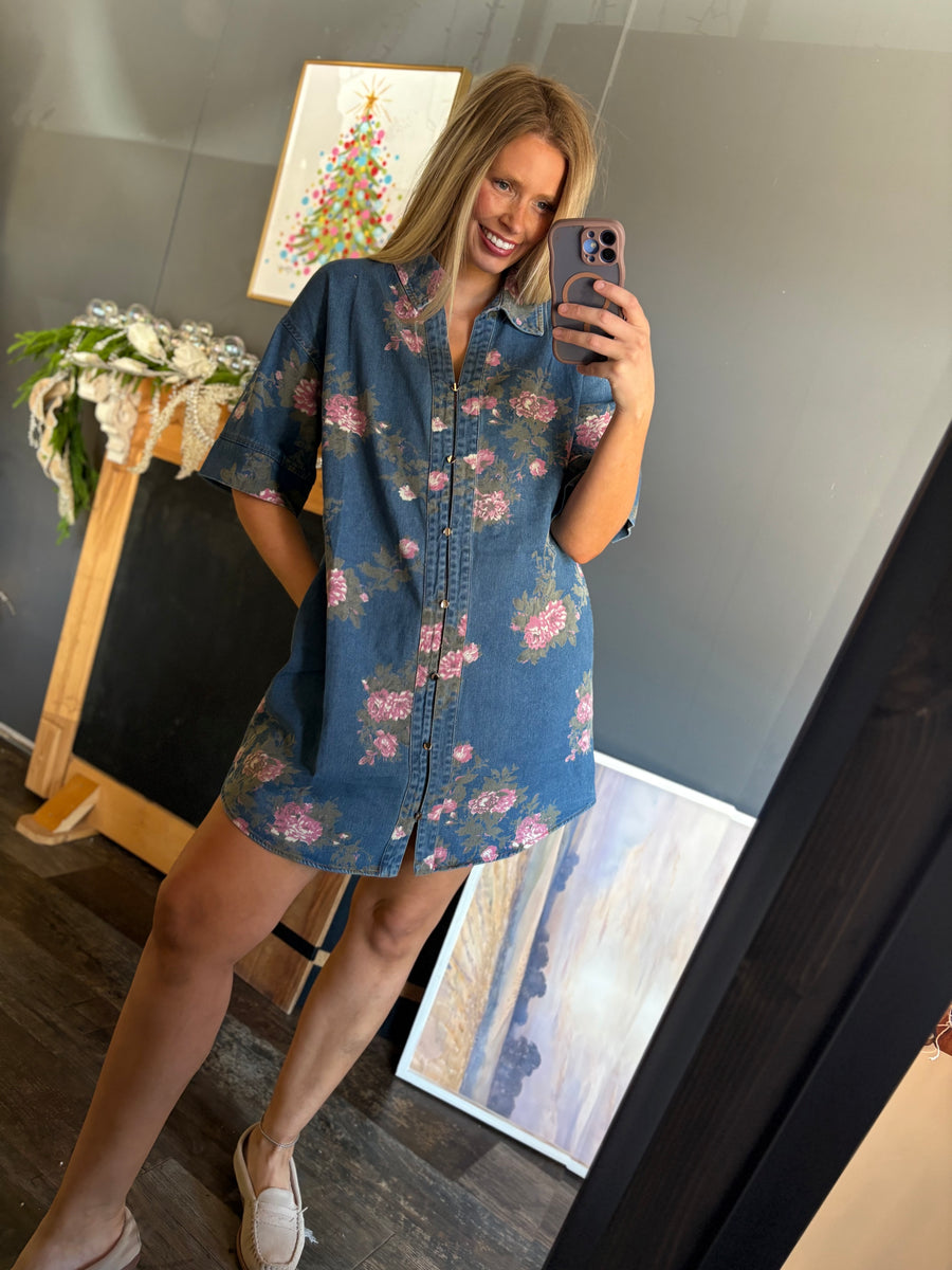 W201 Denim Button Floral Dress