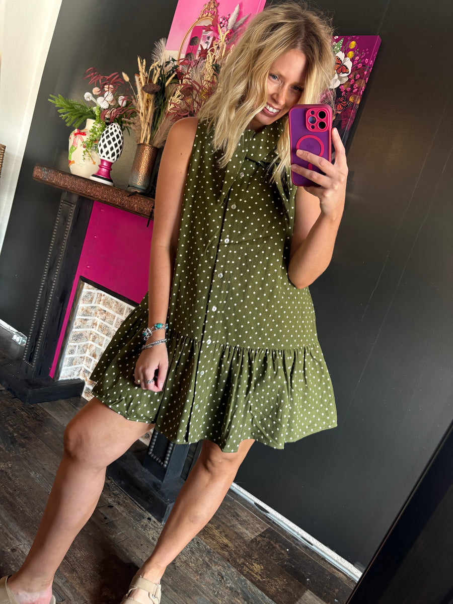 W016 Olive w/ White Polka Dot Dress
