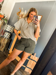 W114 Olive Striped Zip Top