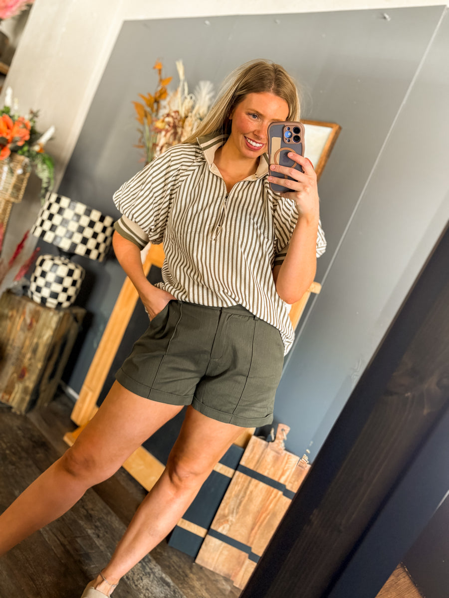 W114 Olive Striped Zip Top