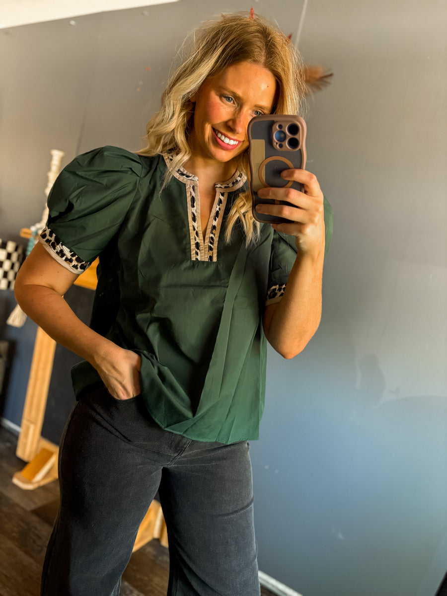W80 Green leopard blouse