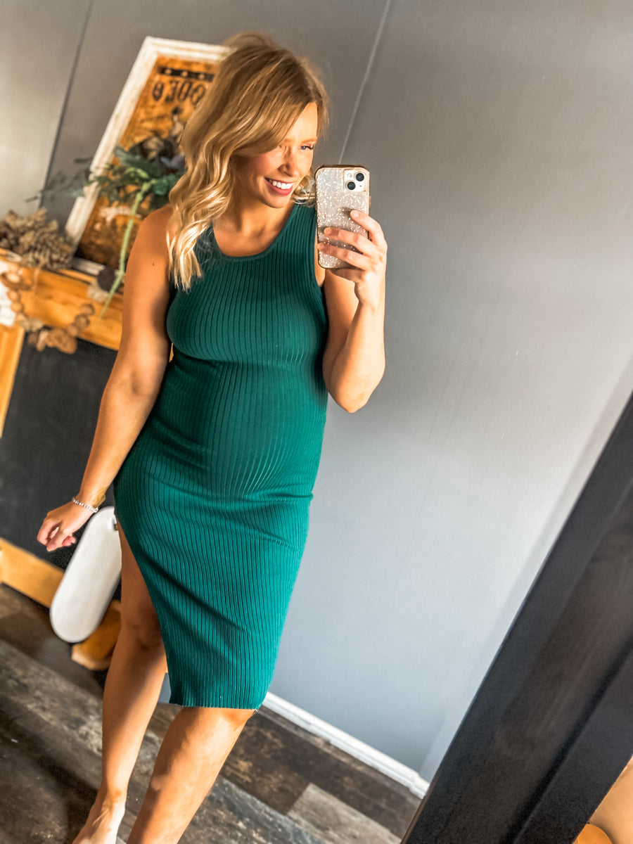 Emerald green ribbed bodycon dress