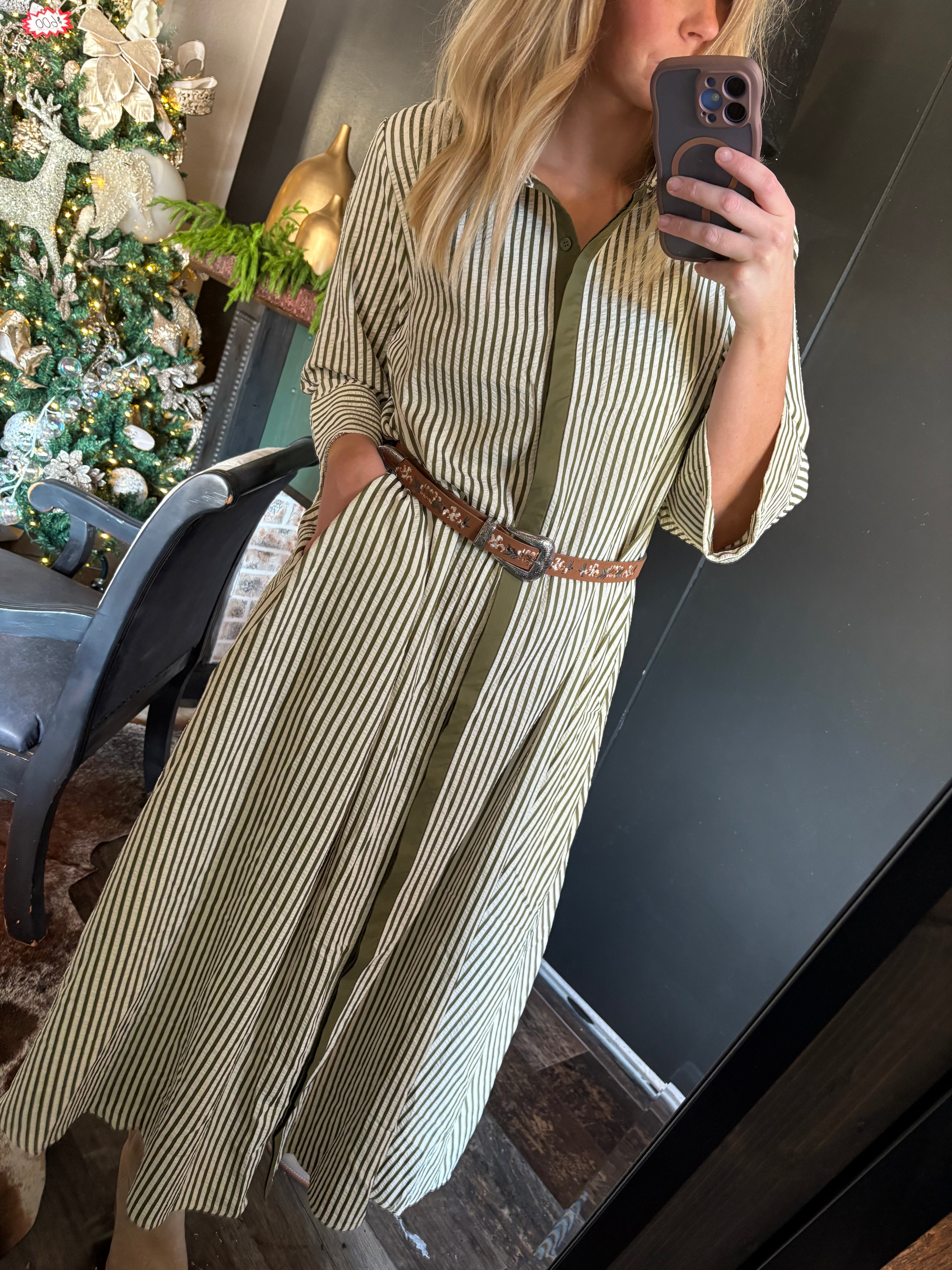 W249 Olive Striped Dress
