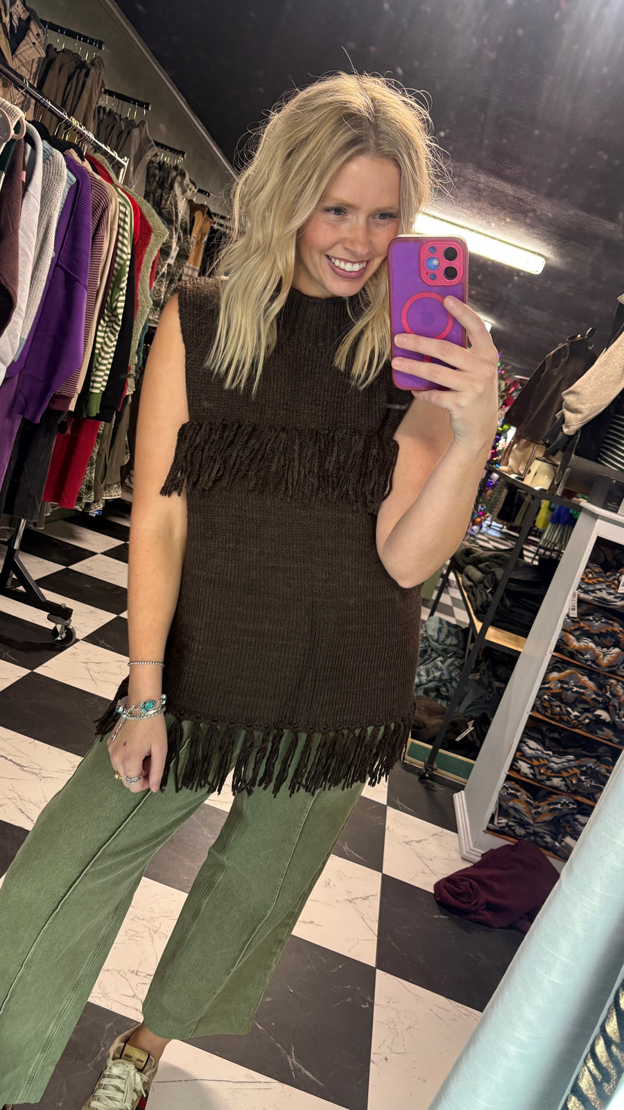 W155 Brown Fringe Sweater Vest