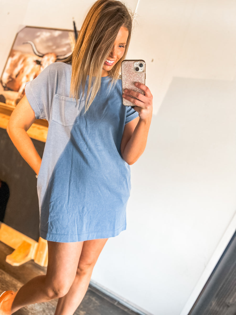 Gray Blue Pocket T-Shirt Dress