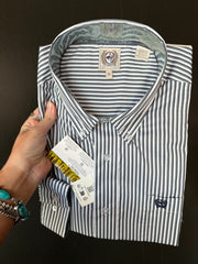 M135 Blue and Green Stripe Button Up Long-sleeve