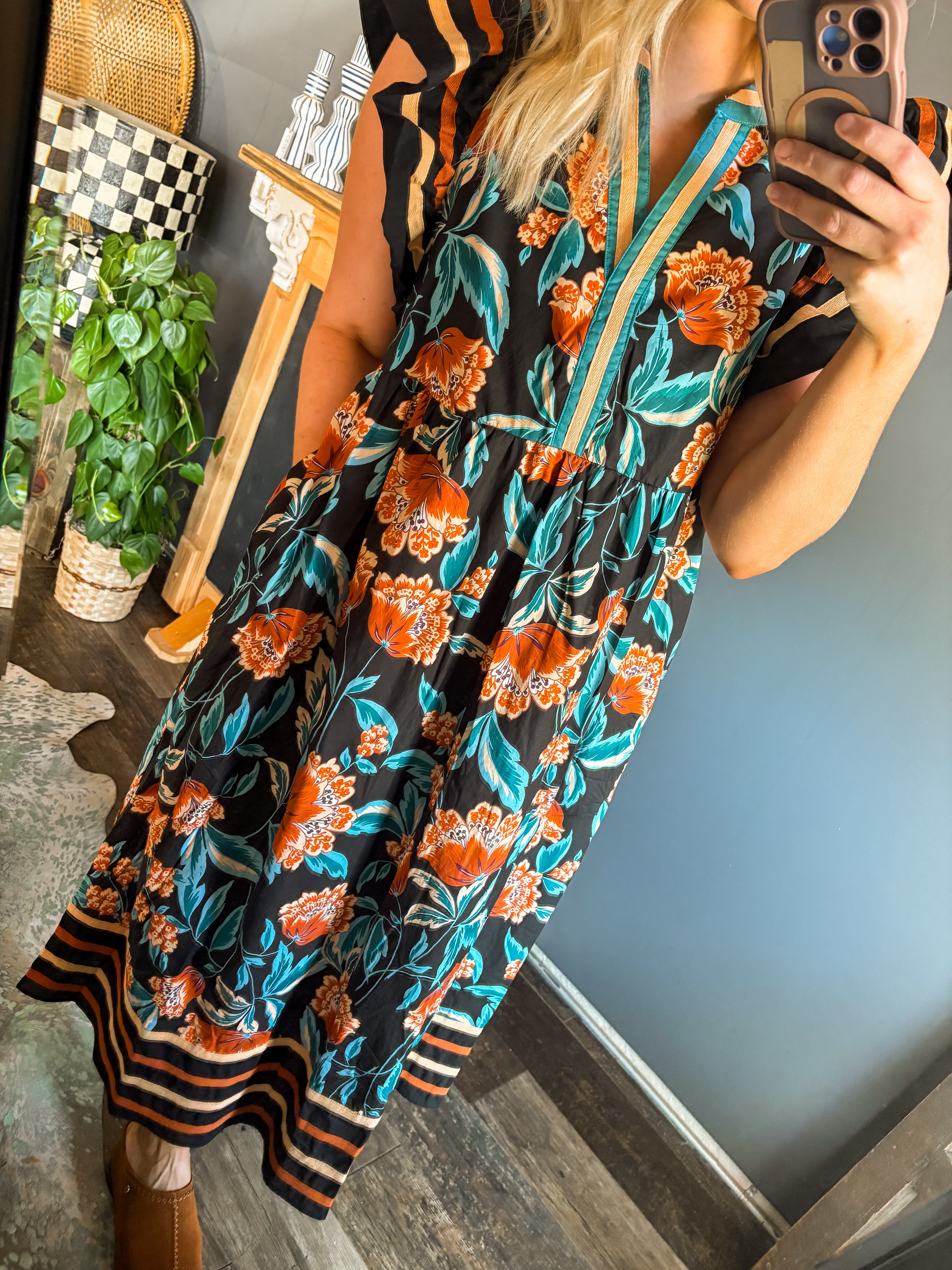 W2 Floral Flutter Sleeve Striped Dress