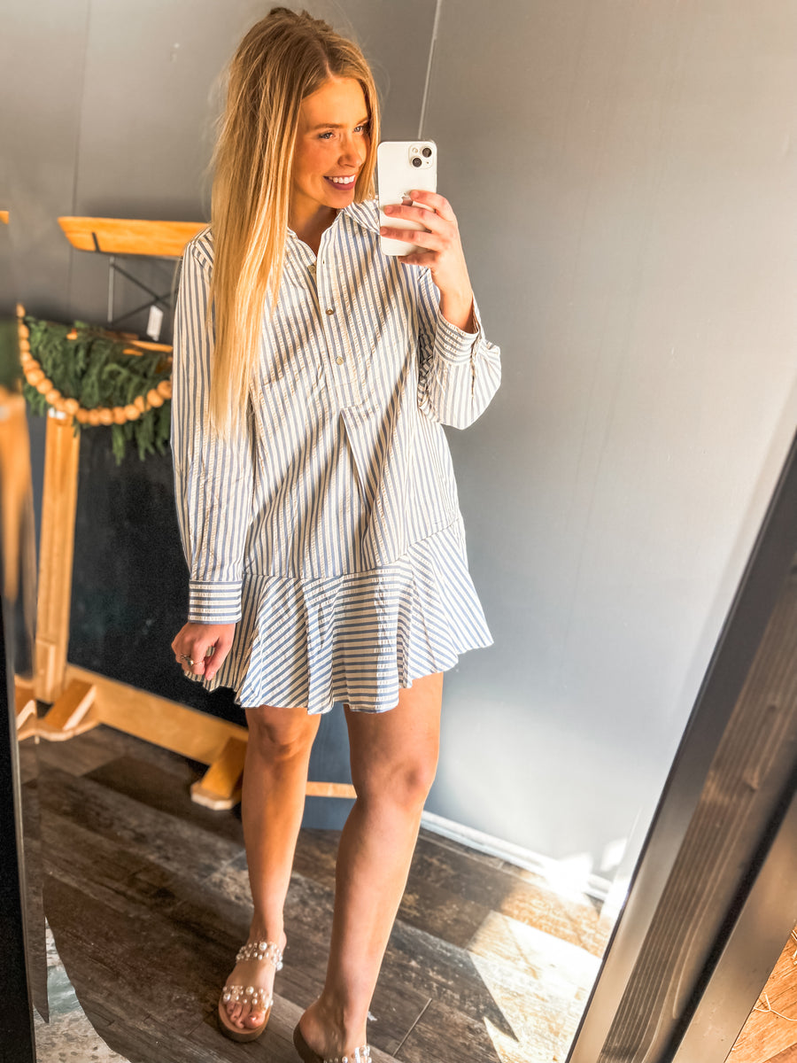 Blue and white stripe button up dress