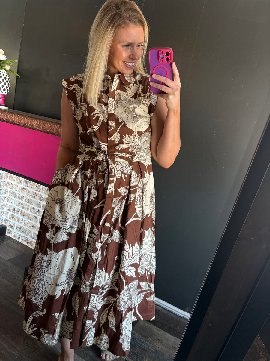 W417 Brown w/ White Floral Maxi Dress