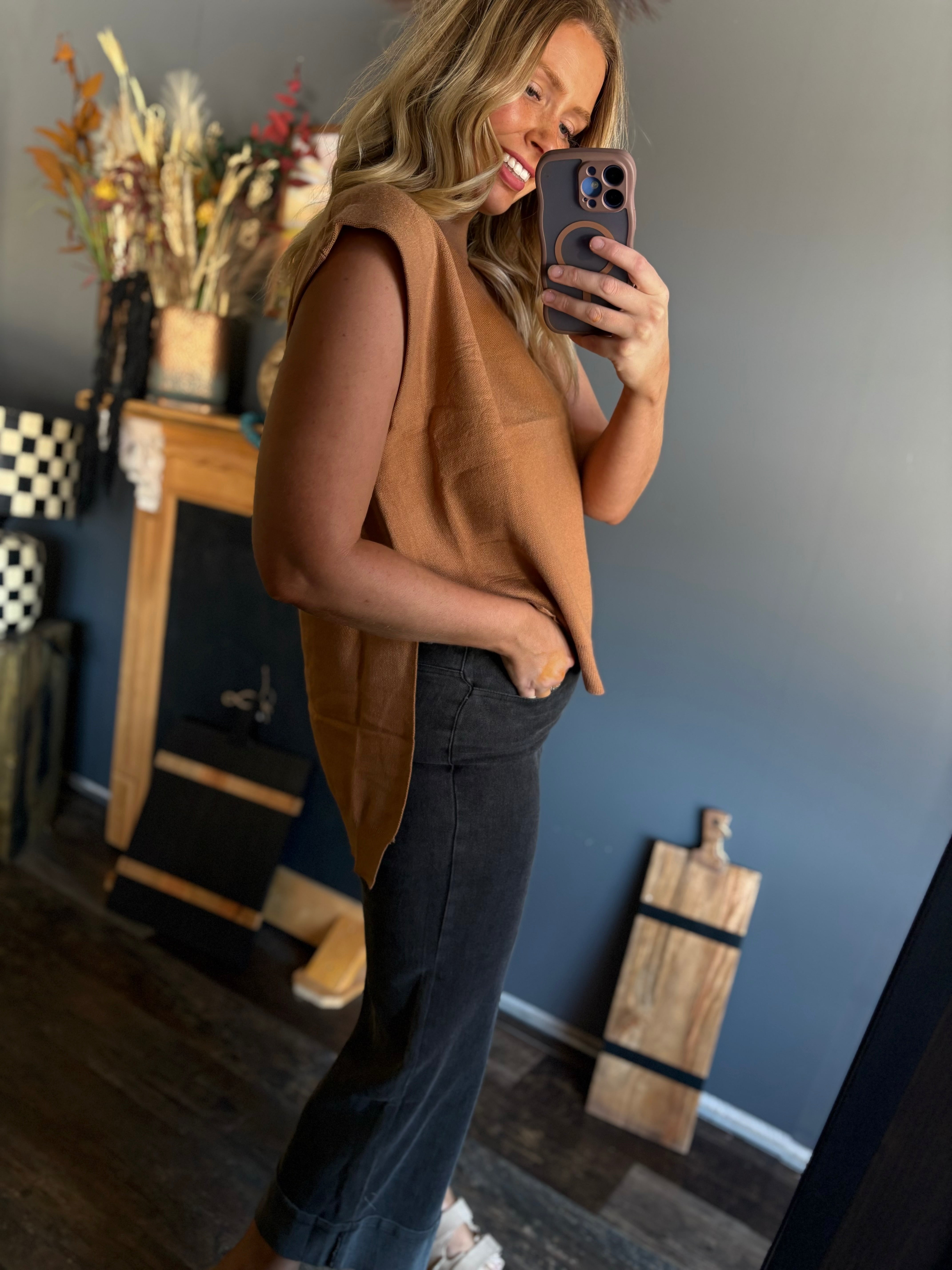 W77 Camel High Neck High/Low Sweater