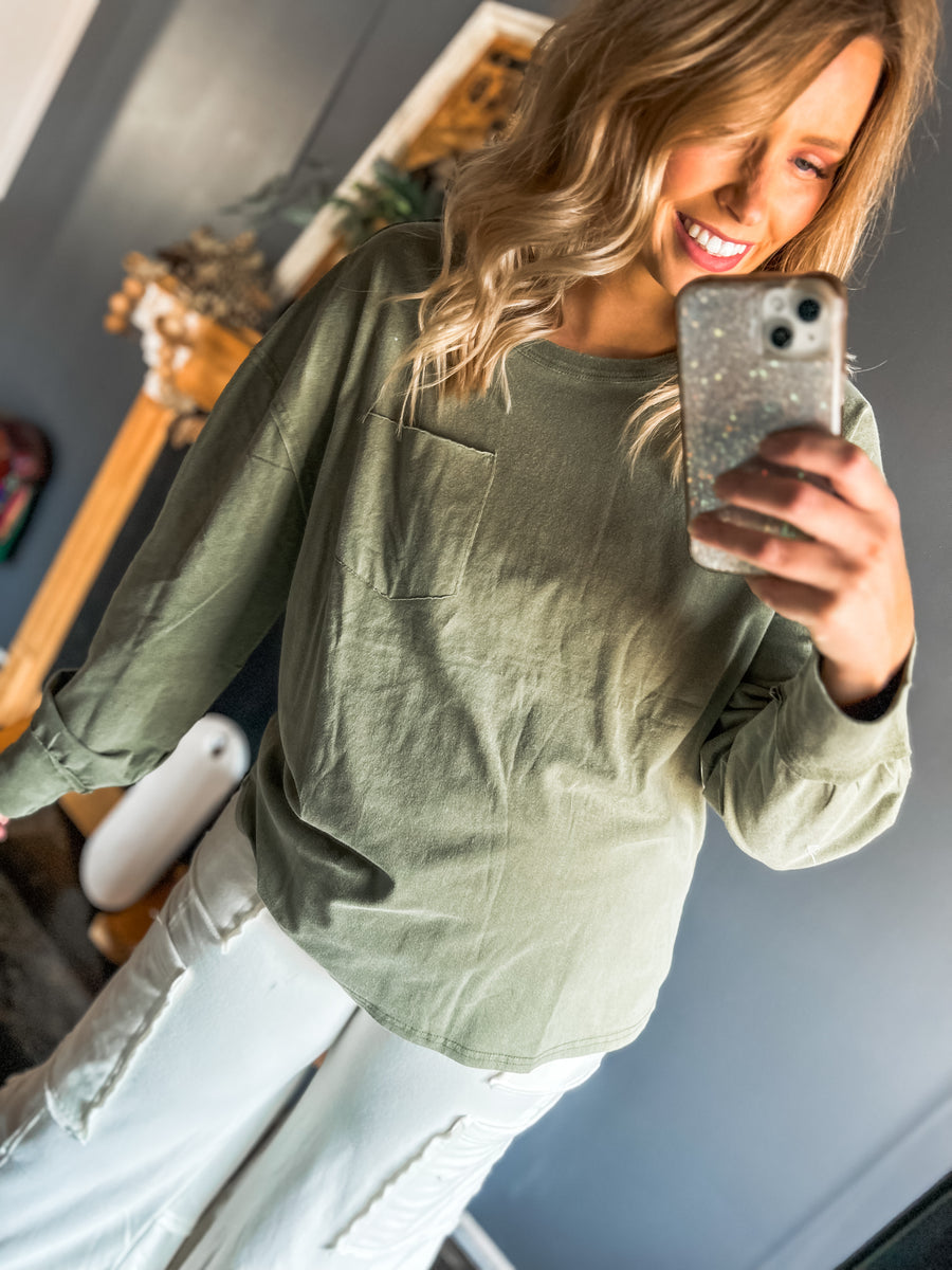 Oversized raw hem green long sleeve with pocket