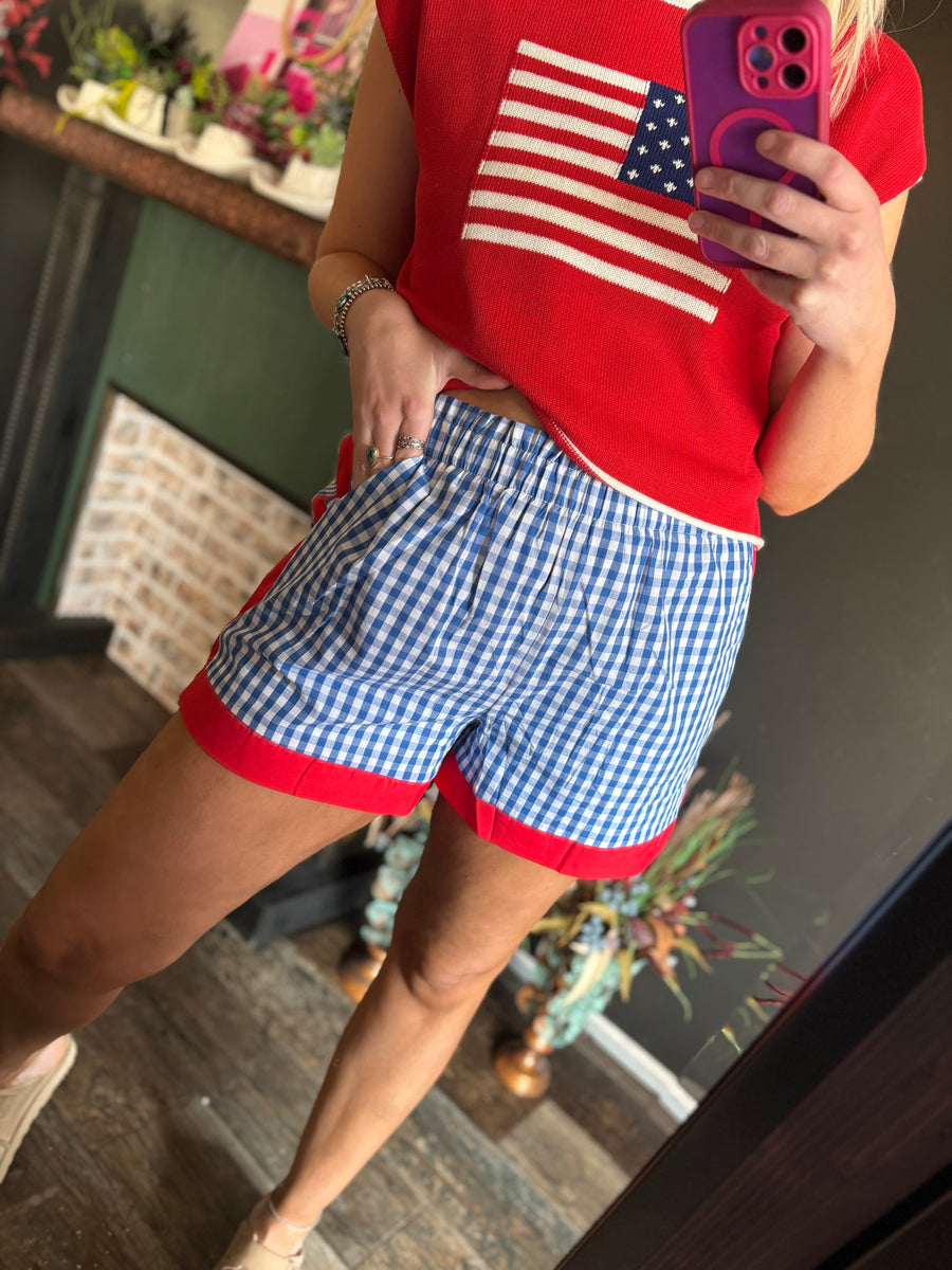 W12 Blue Plaid Shorts w/ Red Trim