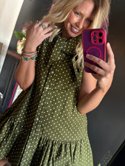 W016 Olive w/ White Polka Dot Dress