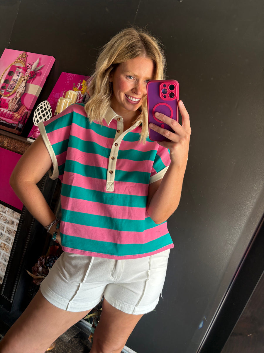 W33 Pink & Teal Striped top
