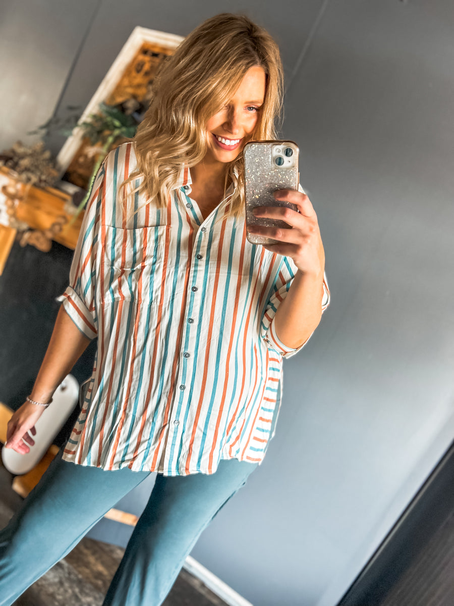 Blue and rust striped collard top