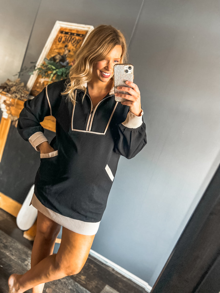 Black and cream collard longsleeve dress