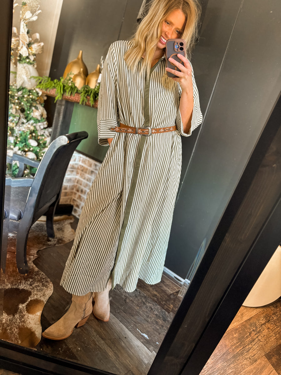 W249 Olive Striped Dress