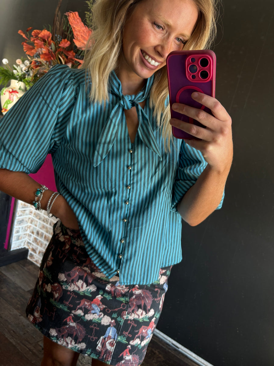 W373 Blue Striped Button Up Top
