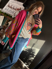 W170 Pink/Orange Leopard Teal Cardigan