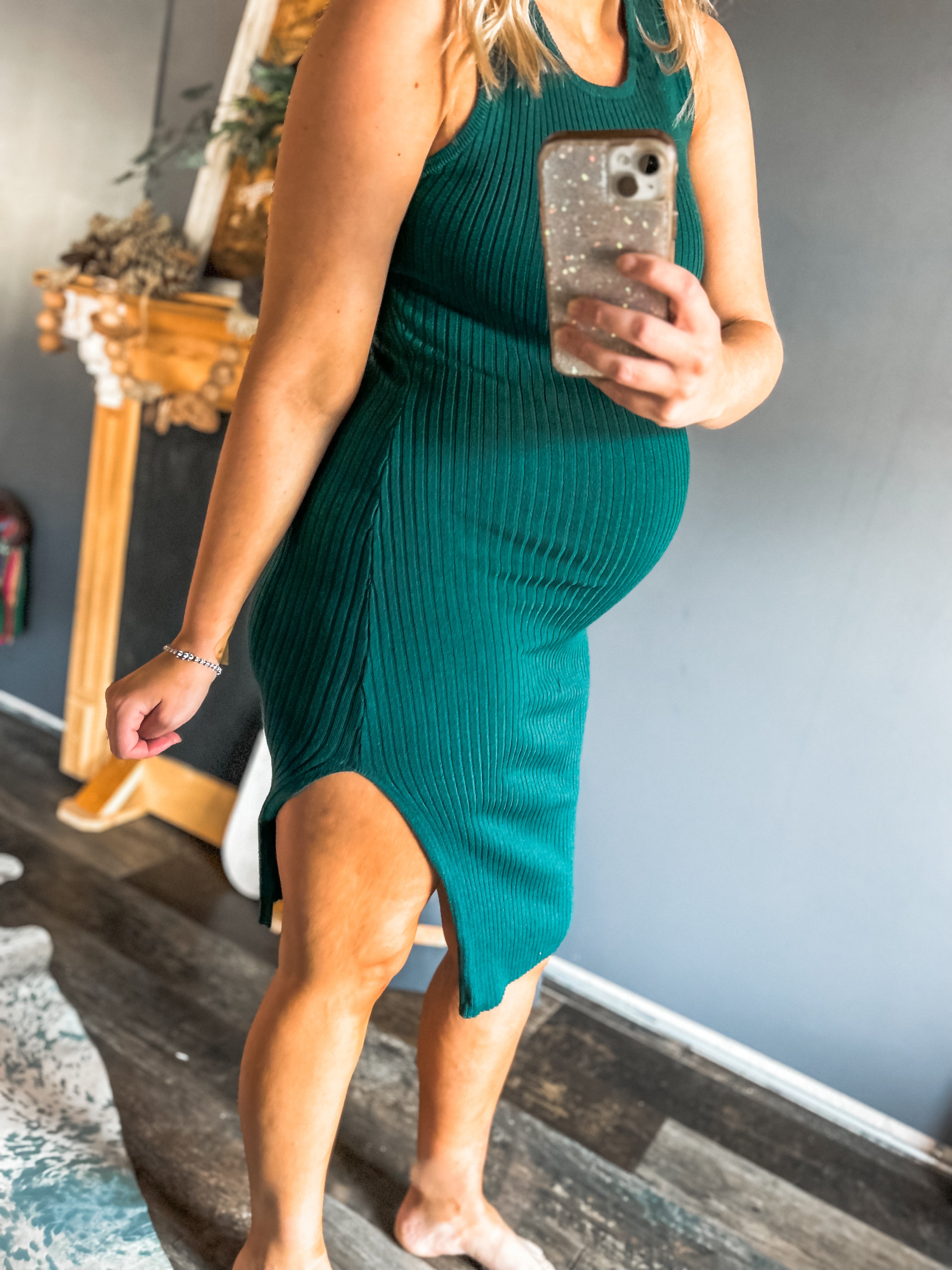 Emerald green ribbed bodycon dress