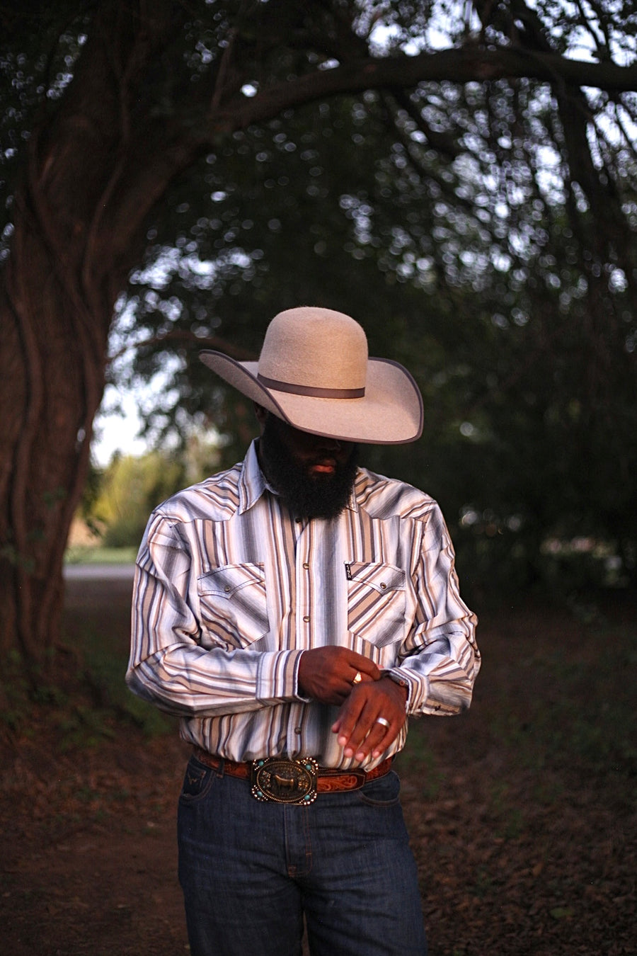 M3112 Blue and Tan Striped Button Up