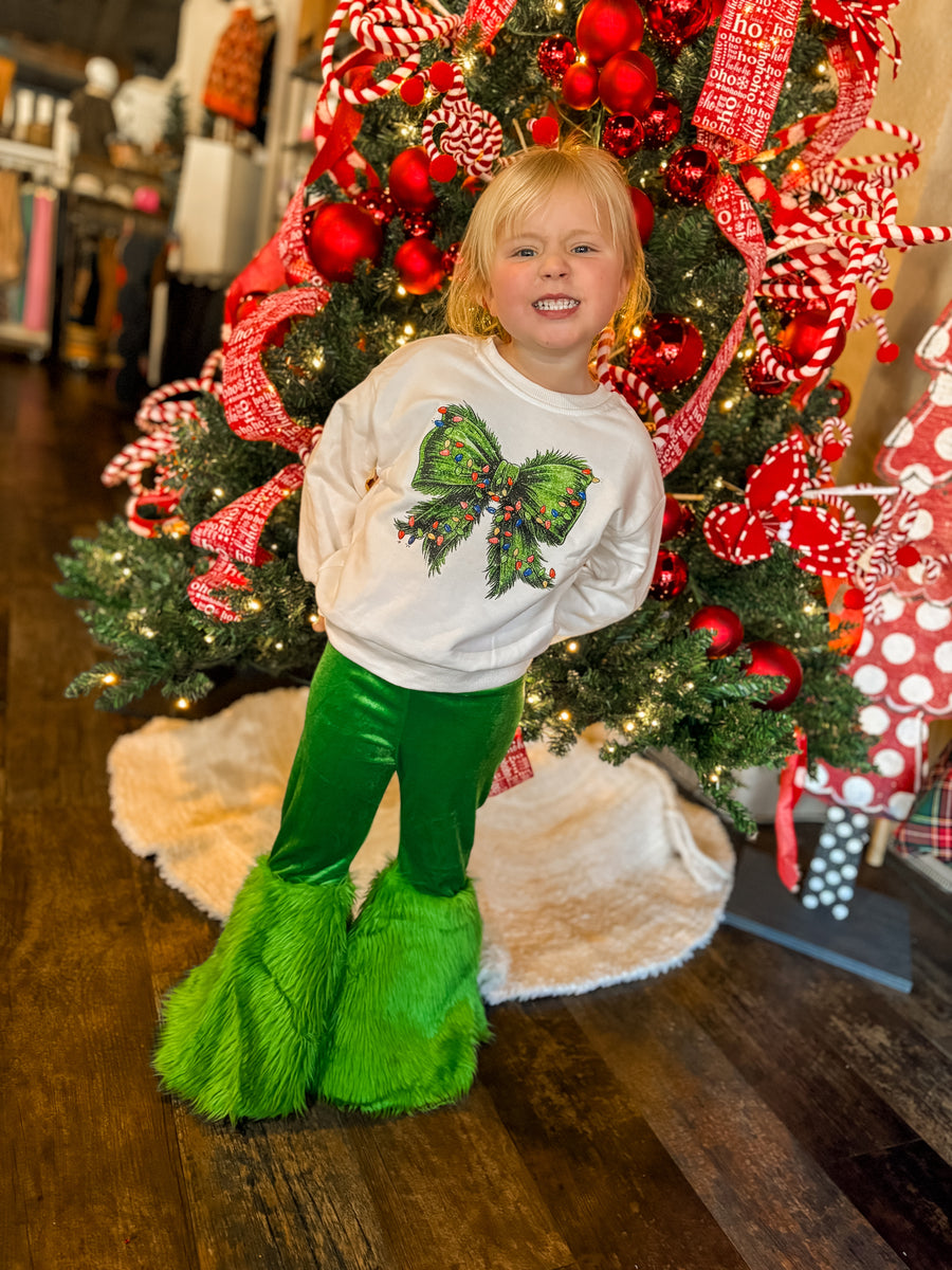 Christmas Bow Print w/ Green Furry Bell Bottoms