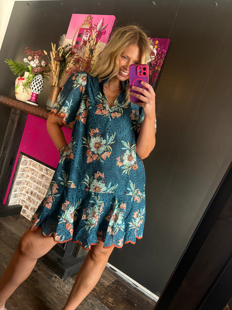 W501 Teal/ Green Floral Dress