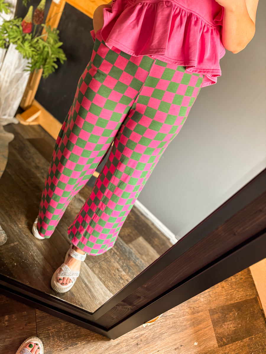 Pink and green checkered pants