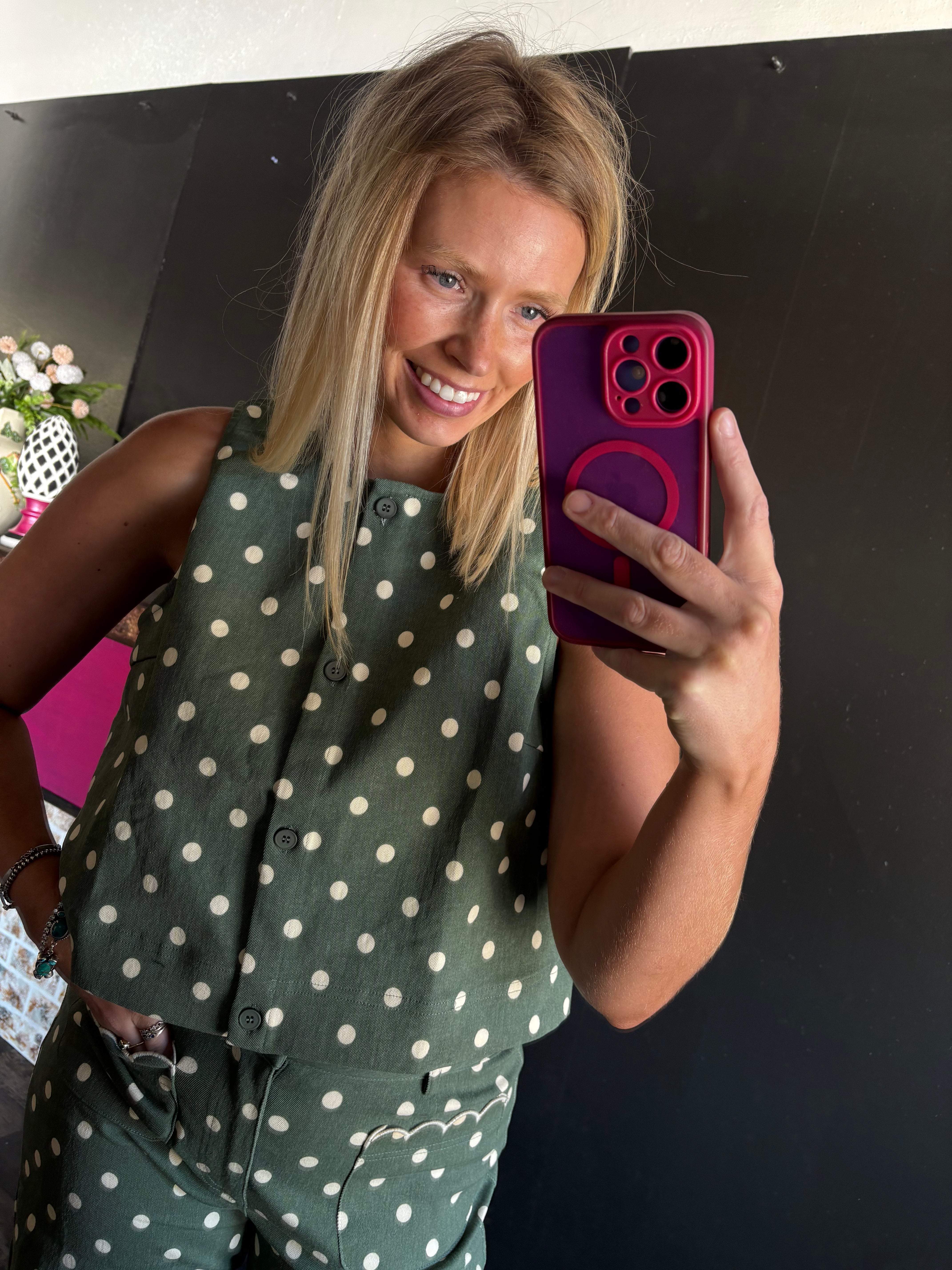 W366 Olive w/ White Polka Dot Button Top
