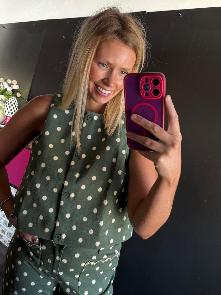 W366 Olive w/ White Polka Dot Button Top