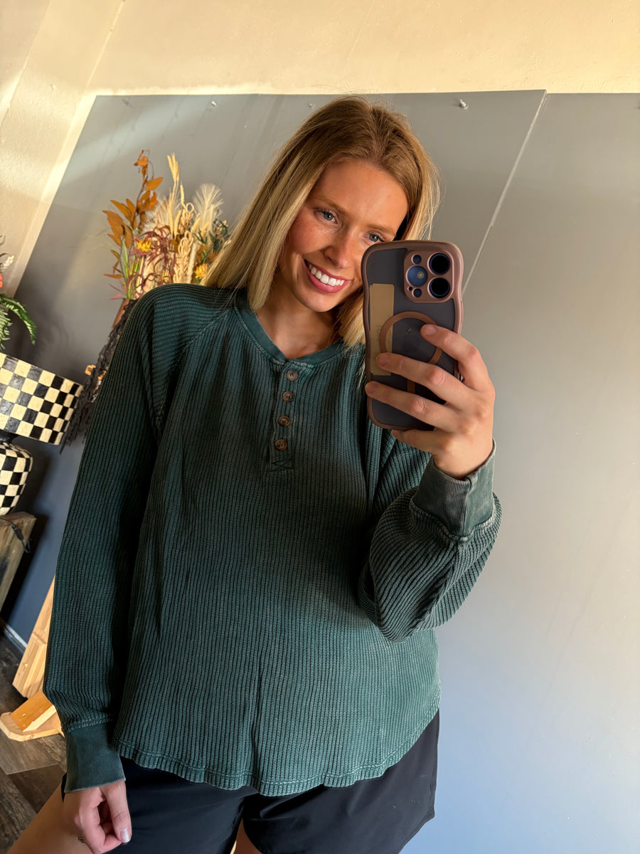 W123 Button Waffle L/S Top - Deep Green